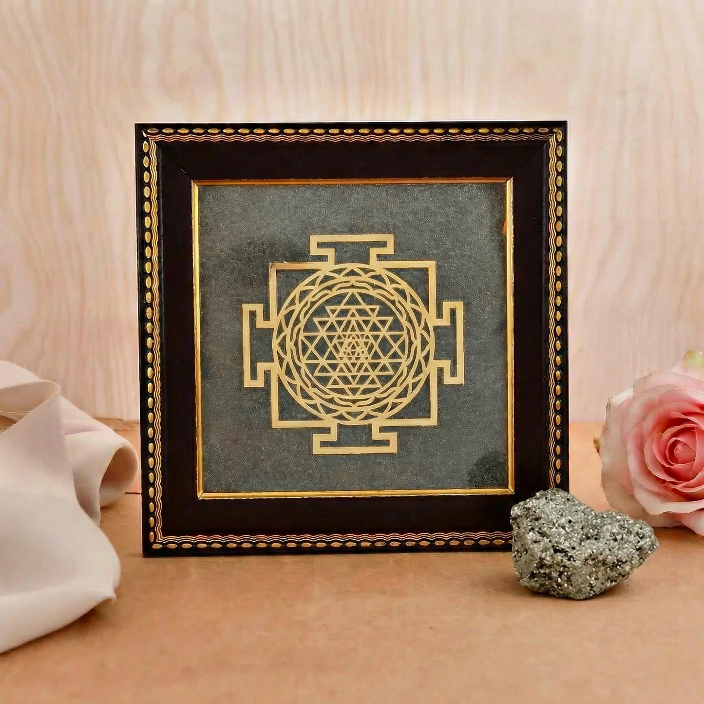 Shree Yantra on Raw Pyrite Frame with FREE Raw Pyrite Stone