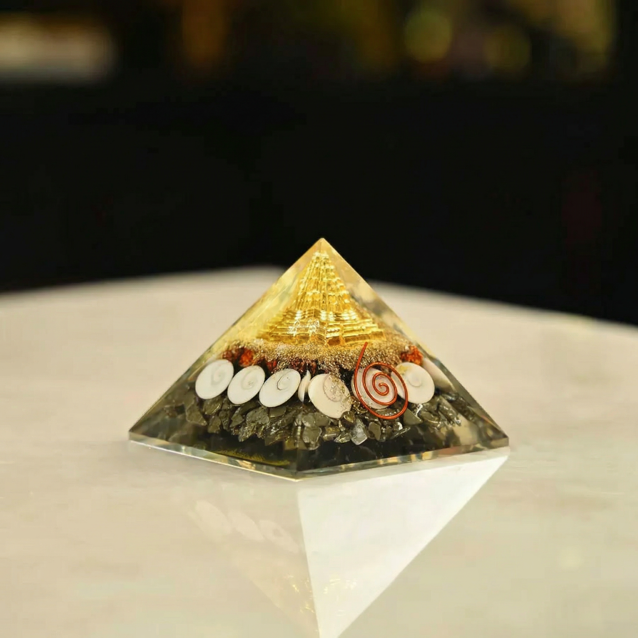 Manimaya Dhanlabh Pyramid with Shree Yantra, Rudraksha, Gomti Chakra & Pyrite