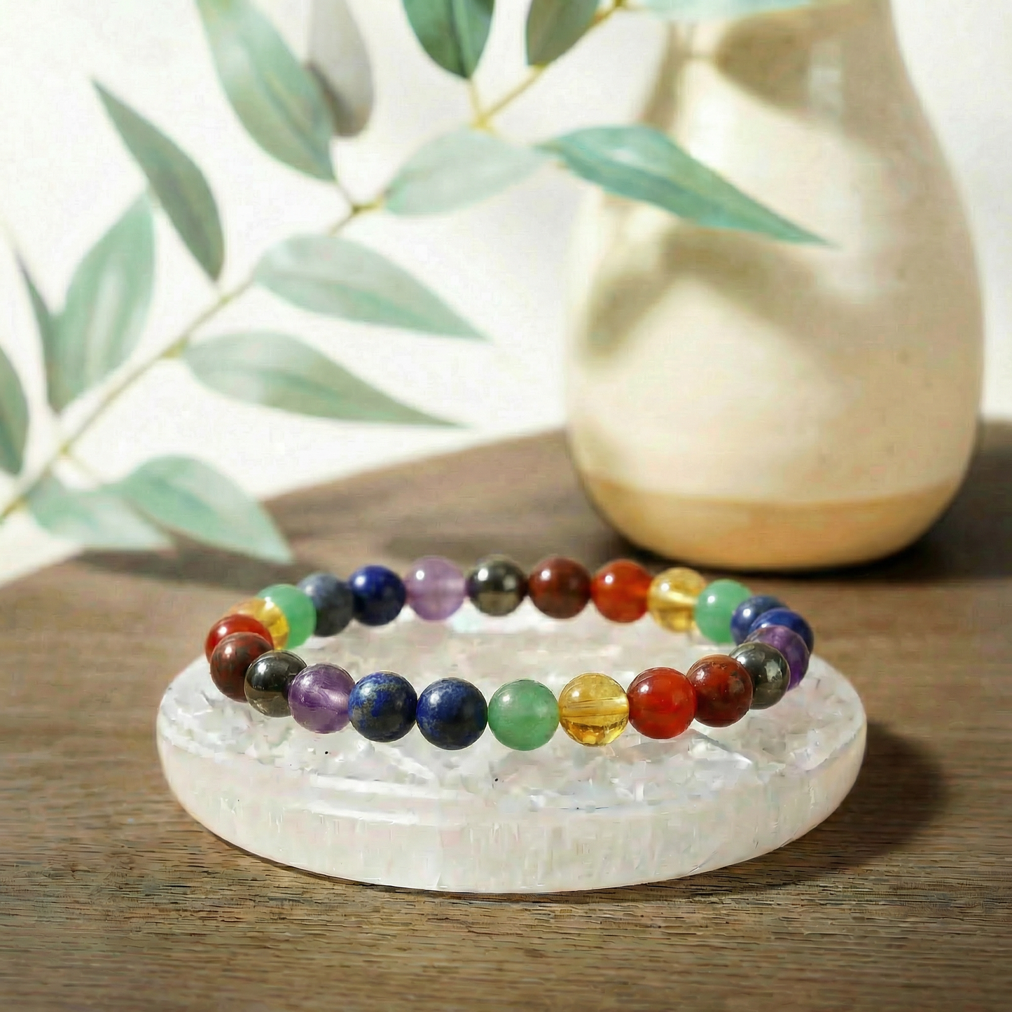 7 Chakra Bracelet With Free Raw Selenite Plate
