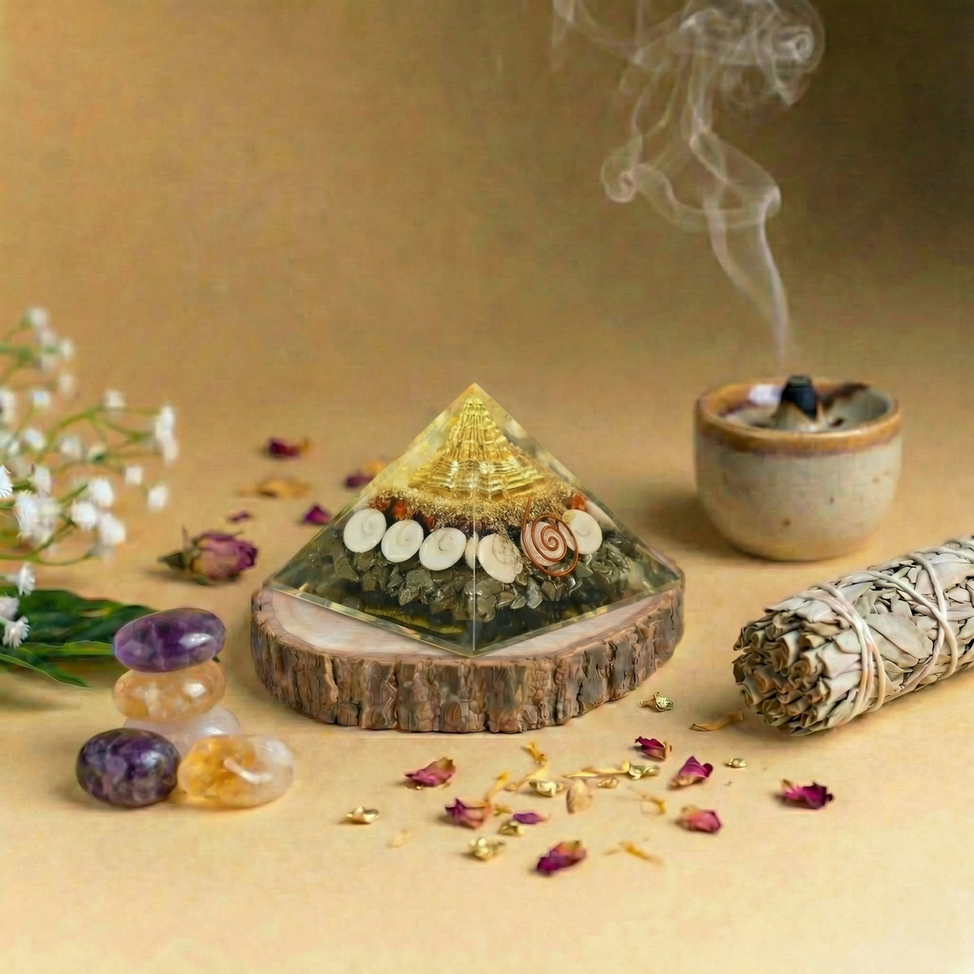 Manimaya Dhanlabh Pyramid with Shree Yantra, Rudraksha, Gomti Chakra & Pyrite